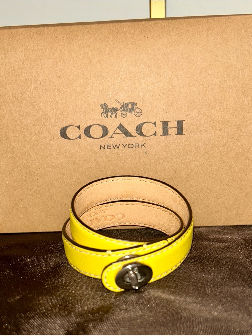 Coach Yellow Leather Turnlock Wrap Bracelet with Gold Hardware NWOT - Picture 2 of 6